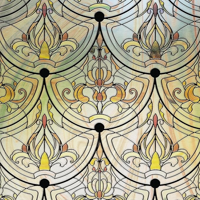 3D Stained Glass Window Film, Decorative Window Privacy Film for Bathroom,Front Door,Home, Sun Blocking Heat Control,Static Cling, Golden Ironwork 35.4inch x 78.7inch