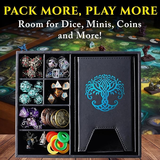 Dice Tray and Dice Tower for DND and RPG - All-in-One Game Roamer Tray & Large Tower for Random Rolls - Stores Your Sets, Mini's and More Compatible with D&D (Blue Tree)