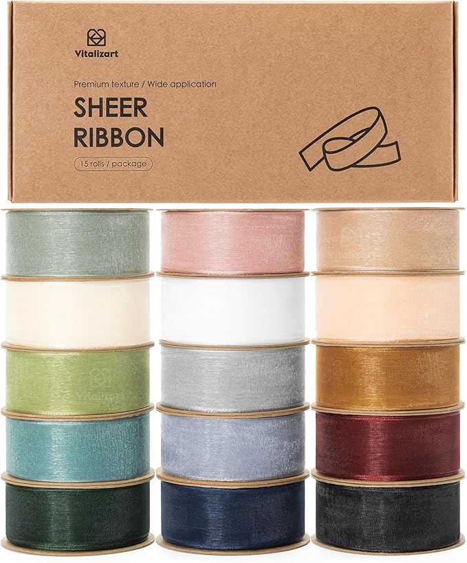 Vitalizart 1" x 150 Yd Organza Ribbon Mixed Color Sheer Ribbons Set 10 Yd x 15 Rolls Handmade for Gift Wrapping Christmas Tree Crafts Bows Wedding Invitations Wreaths Wrap