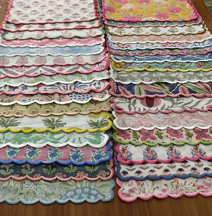 Ridhi Mix Random Hand Block Print Napkins 9" x 9" Set of 6 Reusable Cotton Dinner Napkins for Weddings, Parties & Everyday Dining, Thanksgiving, Christmas, Fall