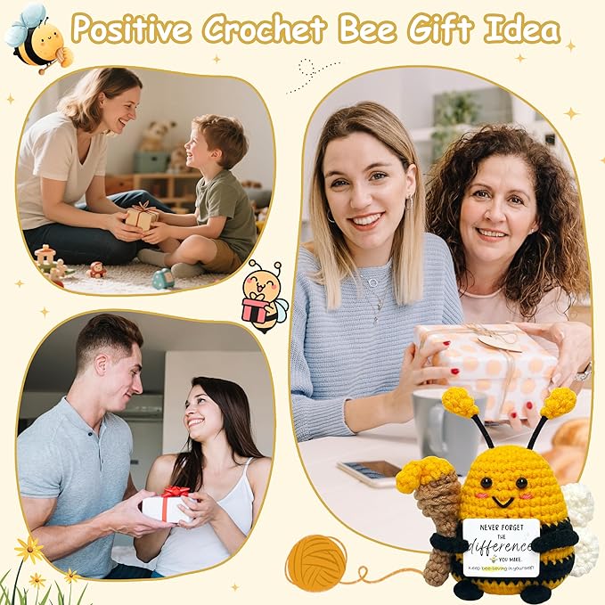 Funny Birthday Gifts for Women Men - Crochet Bee Animals with Positive Card, Appreciation Gifts for Coworker Boss Friend Sister, Inspirational Relaxation Gift Emotional Cheer Support Crochet Bee