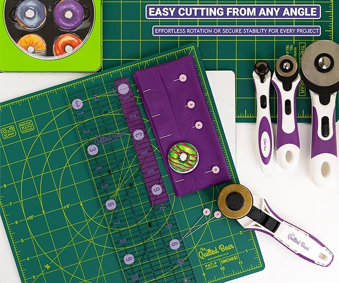The Quilted Bear Rotating Cutting Mat 12" x 12" - Locking & Rotating Self Healing Cutting Board for Sewing, Fabric & Effortless Quilting - 360 Degree Sewing Supplies Mat for Craft Table (Green)