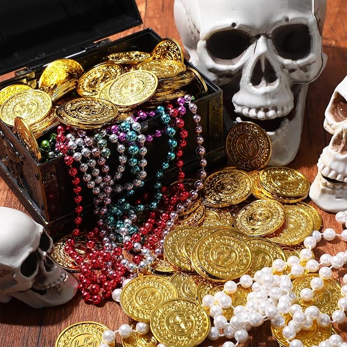 Hanaive 100 Pcs Plastic Gold Coins Fake Pirate Play Coins Spanish Doubloons St. Patrick's Toy for Kids Pirate Party, Treasure Hunt Board Game and Party Favors(Classic)