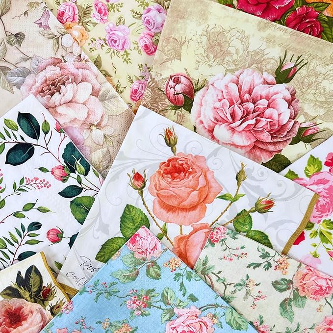 Keep Unique Mystery Pack Decoupage Paper Napkins, 20-ct Assorted Surprise Napkins, Decorative Napkins Floral for Art Craft Junk Journal, Scrapbooking, 20 Different Flower Designs