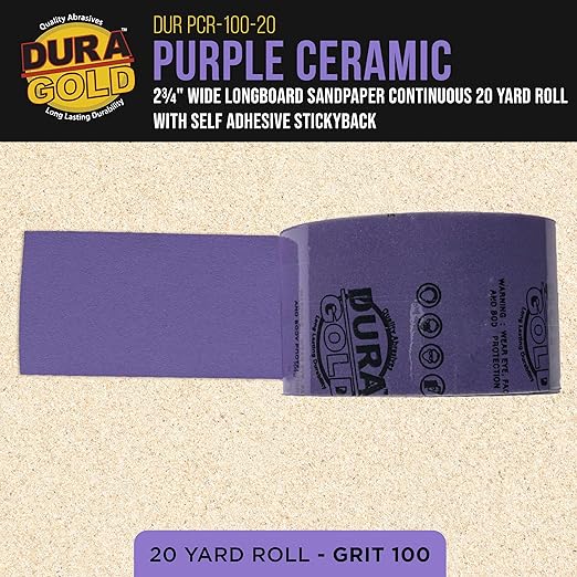 Dura-Gold Premium 100 Grit PSA Purple Film Ceramic Longboard Sandpaper, 2-3/4" Wide Continuous 20 Yard Roll - Self Adhesive Stickyback for Auto & Wood Air File Long Board Sanders, Hand Sanding Blocks