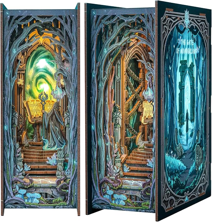 Cutefun Book Nook Kit - Decorative Bookend Alley Build Model with LED Light, DIY Miniature Dollhouse Kit 3D Wooden Puzzle for Adults, Teens, Crafts Gifts for Bookshelf Decor (The Gate of Wonderland)