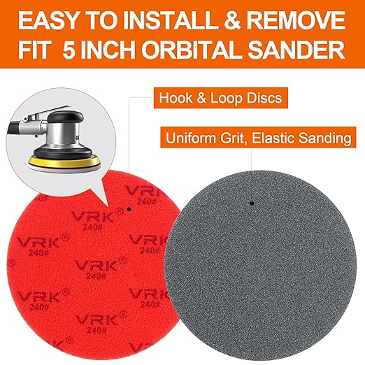 24 PCS 5 Inch Sanding Sponge Discs with Hook and Loop Backing - Multiple Grits 180 to 2000 for Random Orbital Sander Wood,Metal,Auto & Plastic Polishing - Dry and Wet Use Sponge Sandpaper