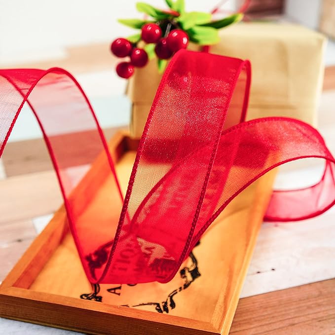 CT CRAFT LLC Sheer Organza Wired Ribbon 1.5" x 50Yards Red for Wedding Chair Bow Flora Bouquet Gift Wrapping Christmas Tree Home Decor Wreath