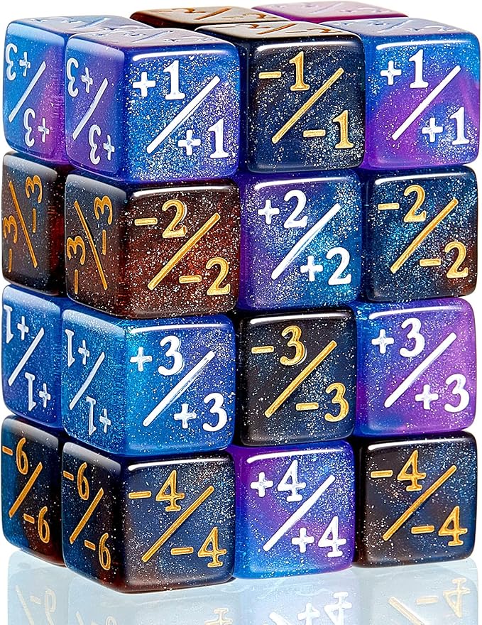 Sumind 24 Pcs Magic Life Counter Dice -1/+1 Counters Commander Buff Tokens 6 Sided Dice Loyalty Life Gifts Compatible with MTG CCG TCG Cards Gaming Accessory (Artsy Style)