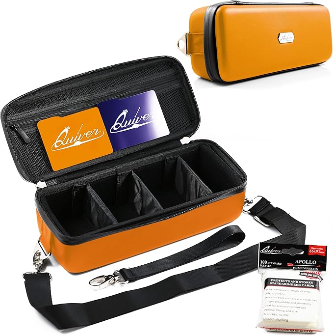 Quiver Time Orange Bolt Card Carrying Case fits Pokemon Cards and other TCG Games - Storage Bag for Playing/Trading Cards and Deck Box (Straps, Dividers & 100 Apollo Card Sleeves)