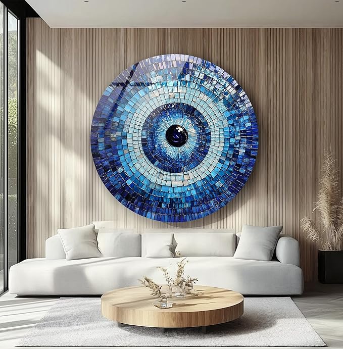 My Photostation.com 20''(50cm) Diameter Blue Mosaic Evil Eye Round Glass Wall Art Tempered Glass Printing Wall Decor Large Wall Art Wall Hangings