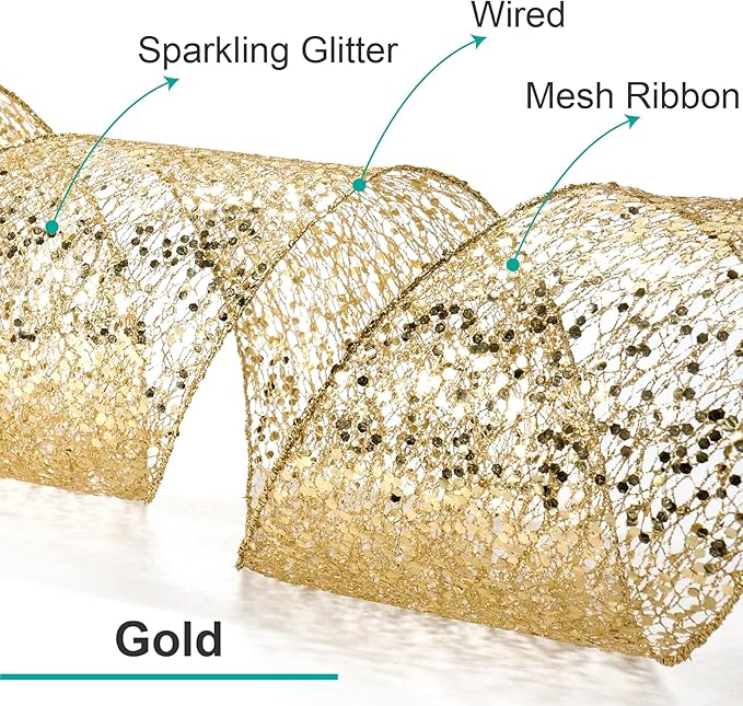 CT CRAFT LLC Sparkling Glitter Mesh Wired Ribbon 4" x 10 Yards Gold for Christmas Home Decor Bow Gift Wrapping DIY Crafts Wreath