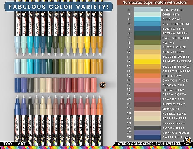 28 Southwestern Colors Acrylic Paint Pens Studio Color Series Markers Set 0.7mm Extra Fine Tip, Rock Painting, Glass, Mugs, Wood, Metal, Canvas, DIY, Detailing. Non Toxic, Waterbased, Quick Drying