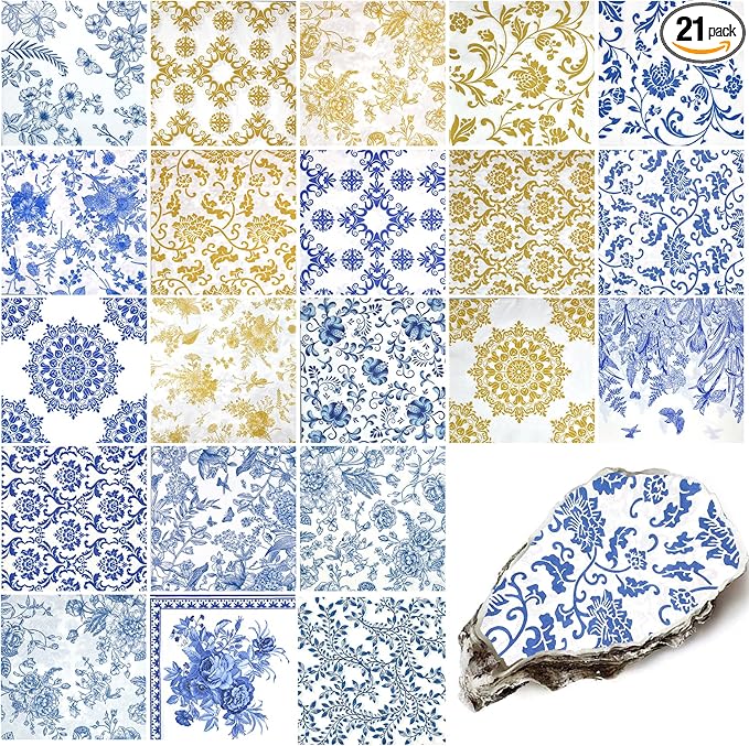 21 Pack Assorted Floral Napkins Decoupage Decorative, Decoupage Napkins Cocktail Decorative Paper for Birthday Party Beautiful Gorgeous, 21 styles of decorative paper (Blue and Gold Floral)