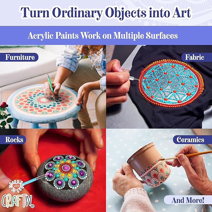 Complete Beginner's Mandala Painting 46 Piece Kit with Acrylic Paints, Reusable Stencils and Dotting Tools. Fun Rock Art & DIY Craft Project. Starter Activity Pack and Gift for Teens, and Adults