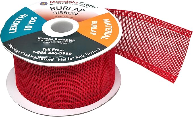 Mandala Crafts Red Burlap Ribbon 2 Inches Wide Jute Ribbons for Crafts - 20 Yds Roll Rustic Burlap Wrap Trim Ribbons for Wreaths Bows Wedding Party Decoration