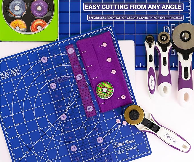 The Quilted Bear Rotating Cutting Mat 12" x 12" - Locking & Rotating Self Healing Cutting Board for Sewing, Fabric & Quilting - 360 Degree Sewing Supplies Mat for Craft Table (Blue)