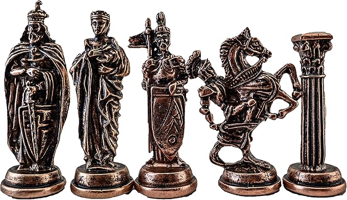 Medieval British Army Antique Copper Metal Chess Set for Adults,Handmade Pieces and Natural Solid Wooden Chess Board with Storage Inside King 3.35inc