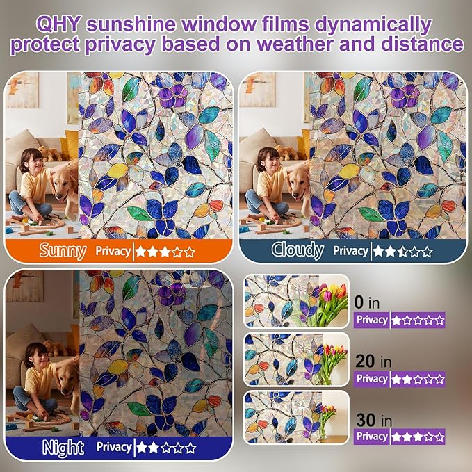 Stained Glass Window Privacy Film Decorative Rainbow Static Clings – Ideal for Home & Office, Adhesive-Free, Removable, UV-Blocking (Purple Rainbow, 17.5 X 78.7 in)