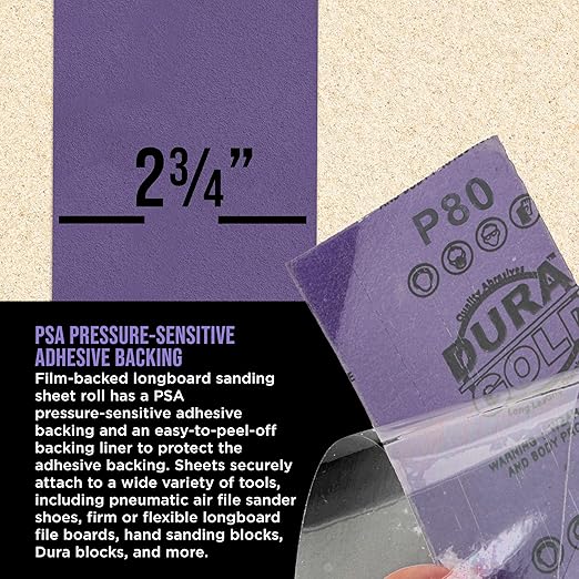 Dura-Gold Premium 80 Grit PSA Purple Film Ceramic Longboard Sandpaper, 2-3/4" Wide Continuous 20 Yard Roll - Self Adhesive Stickyback for Auto & Wood Air File Long Board Sanders, Hand Sanding Blocks