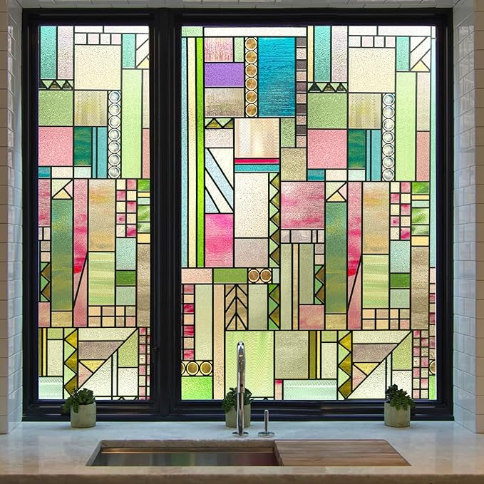 3D Stained Glass Window Privacy Film, Heat Control UV Blocking Static Cling Decorative Window Film for Bathroom,Front Door,Home Non Adhesive,Colorblock 23.6 x 35.4 inches