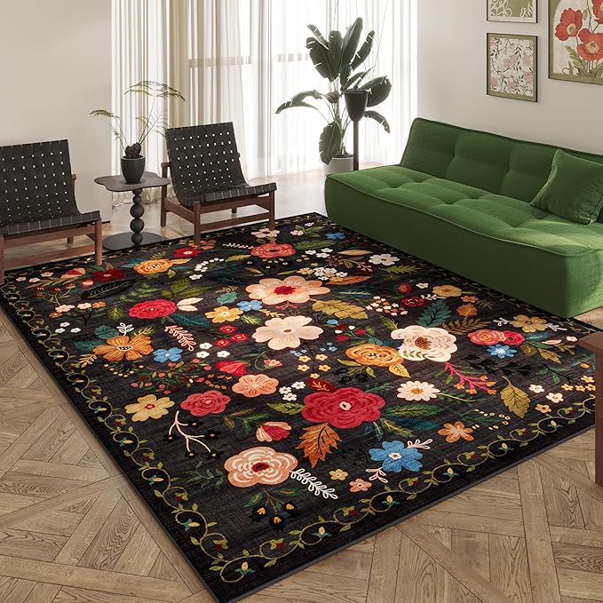 Rugcomf Living Room Rug 6x9 Rug Machine Washable Boho Area Rug Non Slip Floral Vintage Low Pile Large Rug for Living Room, Bedroom, Farmhouse, Dining Room, Kids Playroom(Black)