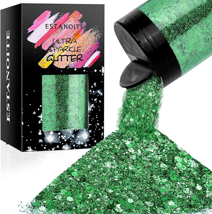 Chunky Glitter, 160G/5.64OZ Craft Glitter for Epoxy Resin, Mixed Fine Glitter & Chunky Glitter, Metallic Chunky Glitter for Hair, Nail Arts, Body, Bulk Glitter for DIY Tumbler Painting (Xmas Green)