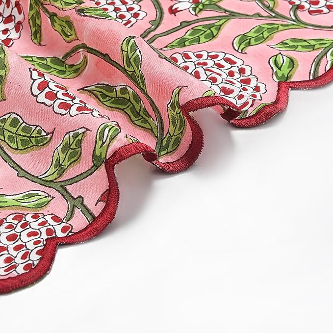 Ridhi Strawberry Pink Hand Block Print Napkins 18" x 18" Set of 4 Reusable Cotton Dinner Napkins for Weddings, Parties & Everyday Dining, Thanksgiving, Christmas, Fall