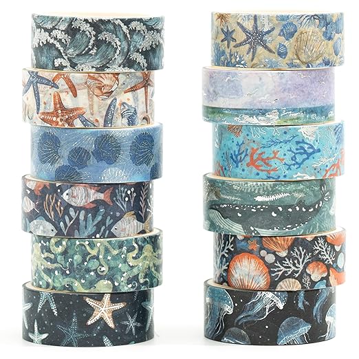 12 Rolls Charming Washi Tape Set Gold Silver Foil Detailing Arts Adhesive Tapes Basic Patterns Decorative Masking Tape Sets for Craft, Kids, Scrapbook, DIY, Gift Wrapping (Oceanic Dreams)