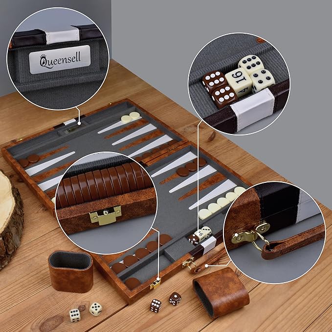 Large Backgammon Sets for Adults - Classic Board Games for 2 Players Adults and Kids - Premium Backgammon Set 15 inch Board and 32 Backgammon Pieces in Quality PU Leather Case - Gift for Man