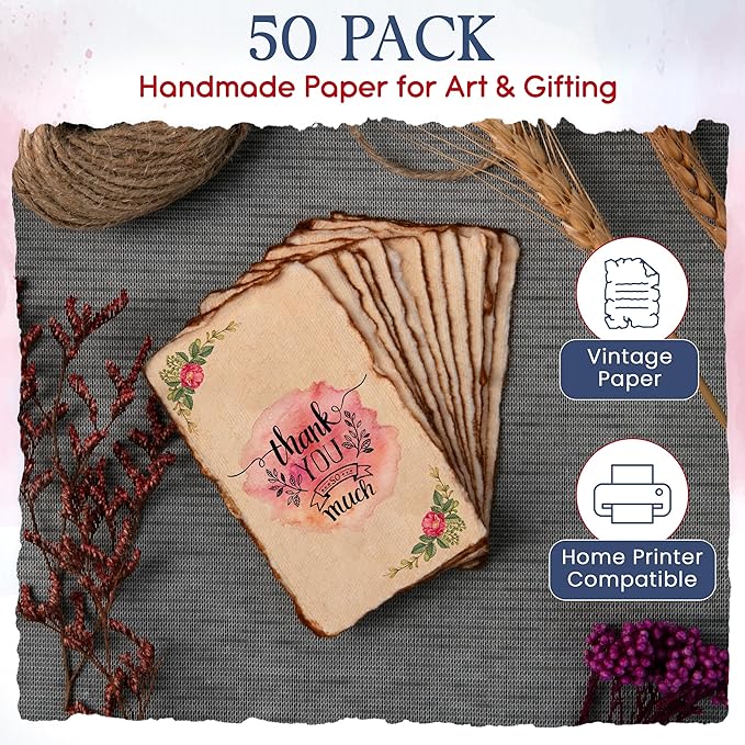Wanderings Vintage Handmade Deckle Edge Cards - 2"x3.5" - 150 GSM - 50 Pack Blank Cards - Ideal for Place Cards, Name Cards for Table Setting, Thank You Notes, Gift Tags
