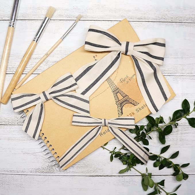 CT CRAFT LLC Ivory Cotton Black Stripes Ribbon 5/8" x 10 Yards for Home Décor Gift Present Wrapping DIY Crafts Birthday Wedding Bouquet Christmas