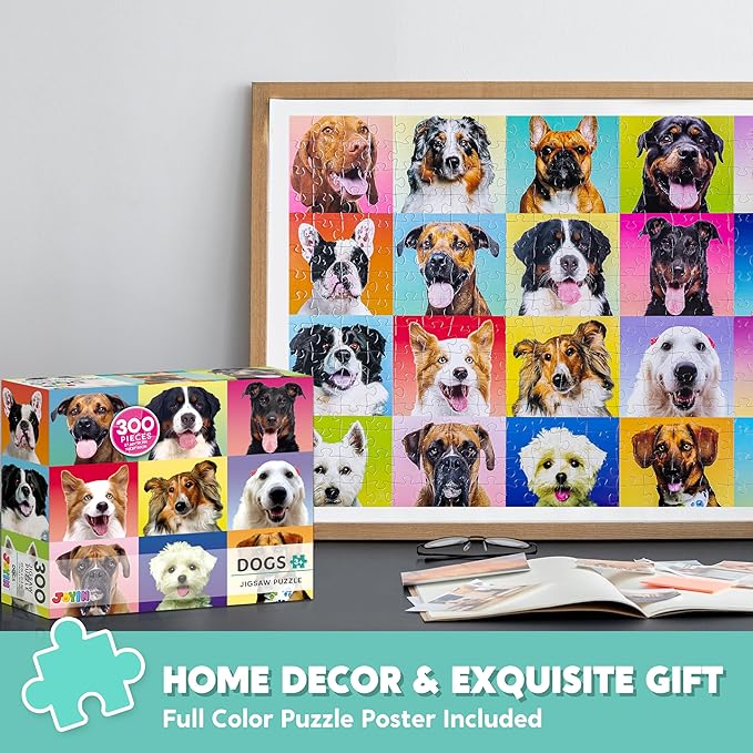 JOYIN 300 pcs Multicolor Dogs Puzzles, Jigsaw Puzzle for Kids and Adults(27.6" x 19.7"), Puppy Theme Puzzles for Teens, Collection Gift Home Art Decor