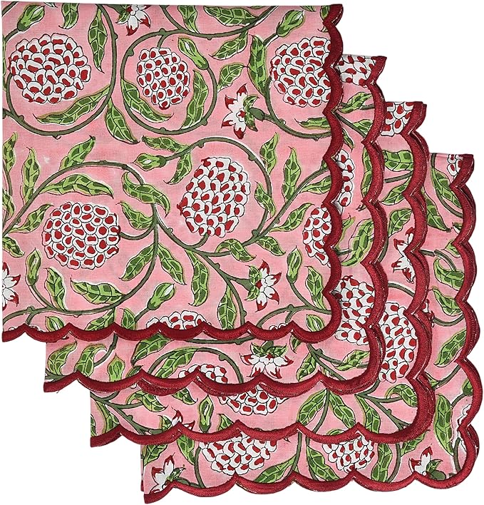 Ridhi Strawberry Pink Hand Block Print Napkins 18" x 18" Set of 4 Reusable Cotton Dinner Napkins for Weddings, Parties & Everyday Dining, Thanksgiving, Christmas, Fall
