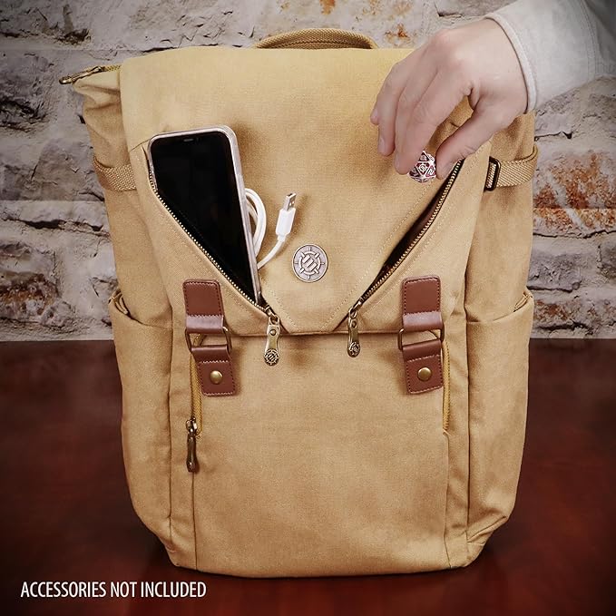 ENHANCE Venture Canvas DnD Backpack - RPG DM Bag for Dungeons and Dragons with Removable Dice Tray - Travel DnD Bag fits 4-6 Books Upright, 17" Laptop/DM Screen Slot, Luggage Slot, Chest and Map Strap