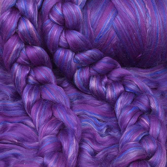 Merino Silk Luxe Tonal Designer Blend. Superfine Merino, Mulberry Silk, Tussah Silk. Top Roving for Spinning or Felting. Violet Volcano 1oz