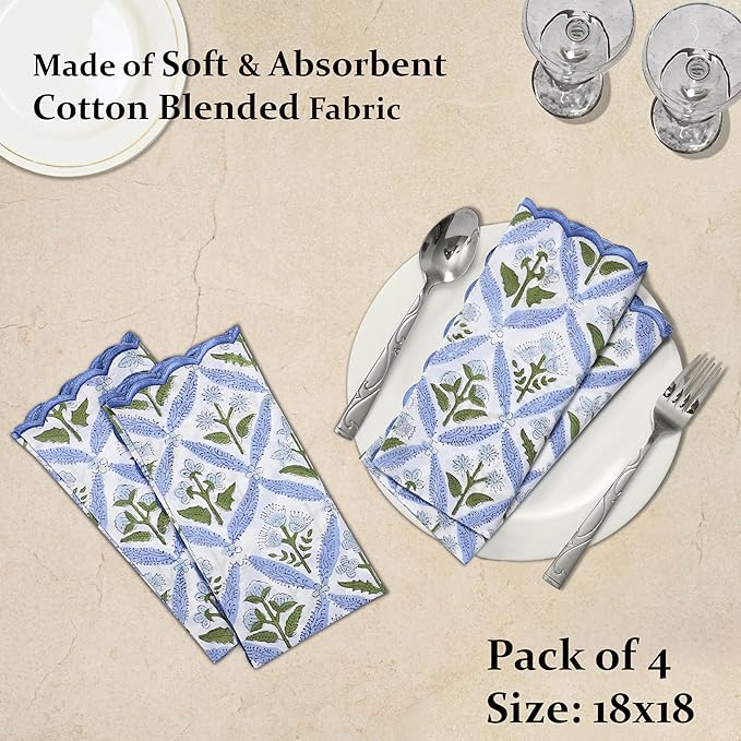 Ridhi Light Steel Blue Hand Block Print Napkins 18" x 18" Set of 4 Reusable Cotton Dinner Napkins for Weddings, Parties & Everyday Dining, Thanksgiving, Christmas, Fall