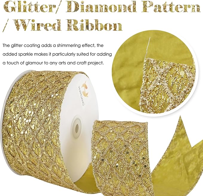 HUIHUANG Gold Glitter Wired Ribbon for Christmas Tree 2.5 inch Gold Diamond Mesh Ribbon for Tree Decoration, Wreaths, Garland, Gift Wrapping, Large Bows Making, Home Decor -10 Yards