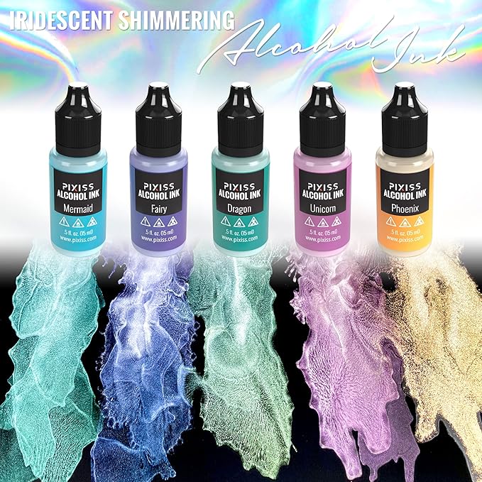 Pixiss Iridescent Color Changing Alcohol Ink Set - 5 Shades of Alcohol Ink for Epoxy Resin Supplies, Yupo Paper, Tumblers, Coasters - Resin Colorant for Epoxy Resin and Resin Art Supplies