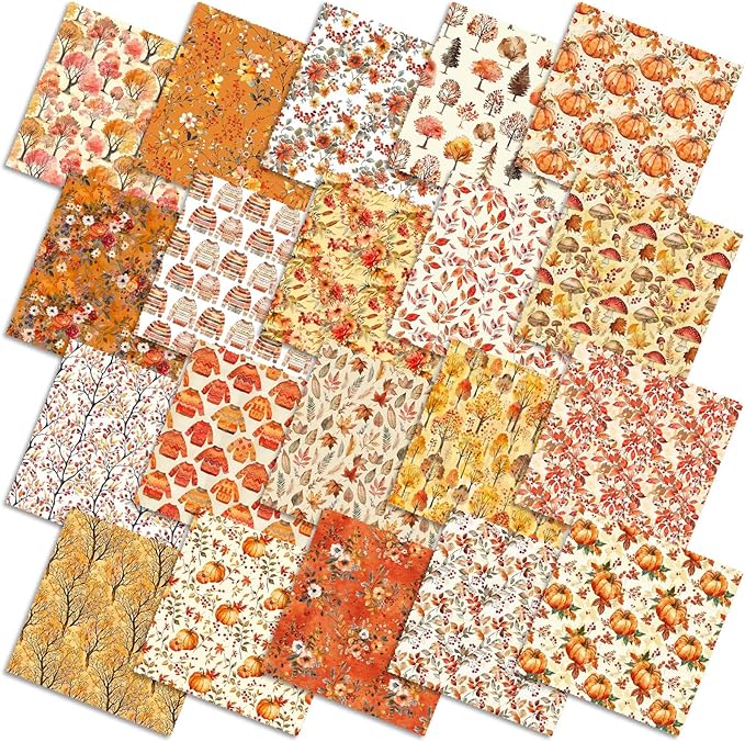 Ganeen 60 Pcs 10 x 10 Inch Fall Quilting Fabric Squares Thanksgiving Fat Patchwork Precut Strips Retro Pumpkin Maple Leaf Bundles for Harvest Autumn Holiday DIY Craft Sewing Quilt Material Handmade