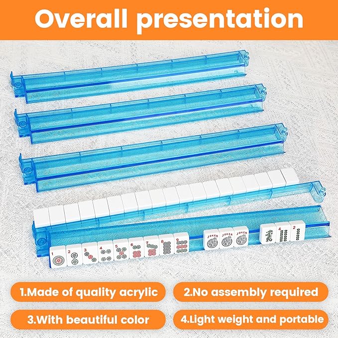 Mahjong Racks with Pushers,Blue Acrylic American Majiang Tile Racks,Imports Modern Mahjong Racks with Built-in Pushers- Set of 4