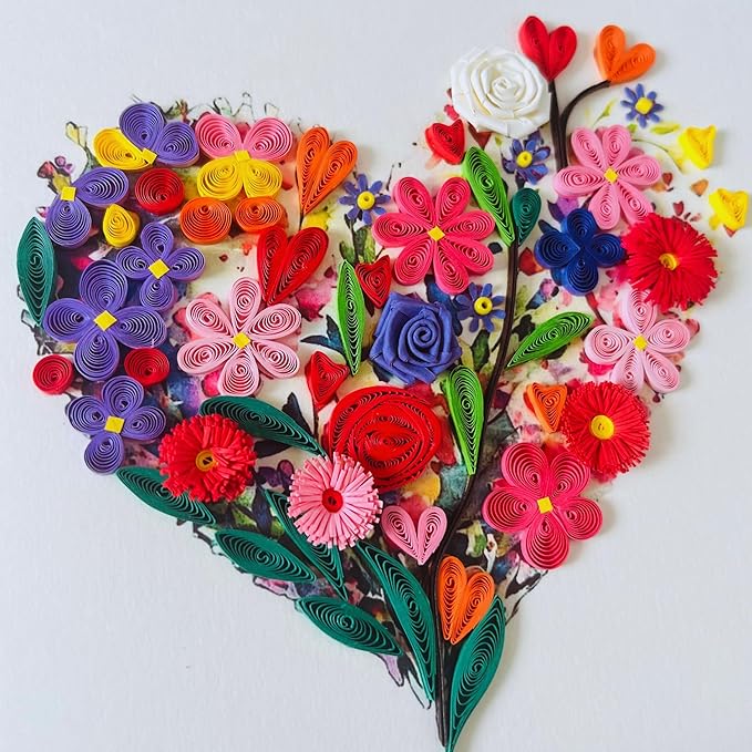 Quilling Cards, handmade card, quilled cards with Handmade Art Quilling birthday card for women, Birthday card, mother... colorful heart design (Flowers Heart 1)