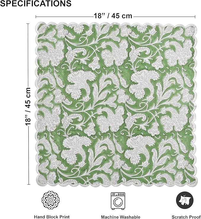 Ridhi Sage Green Hand Block Print Napkins 18" x 18" Set of 4 Reusable Cotton Dinner Napkins for Weddings, Parties & Everyday Dining, Thanksgiving, Christmas, Fall