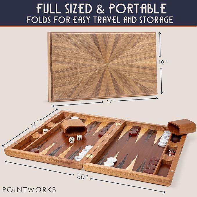 17 Inch Backgammon Sets for Adults. Beautiful Wood Inlaid Backgammon Board Game Set with Unique Checkers & Dice. Large Back Gammon Game Sets Travel Size for 2 Players Nardi or Tavla