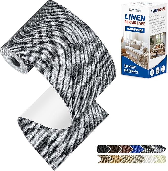 KING MOUNTAIN Linen Repair Patches, Self-Adhesive Linen Fabric Patches, 4 X 63 inch Extra Size, Multi Color, Can be Used for Linen Sofa Repair and Linen Clothes Repair (Grey)
