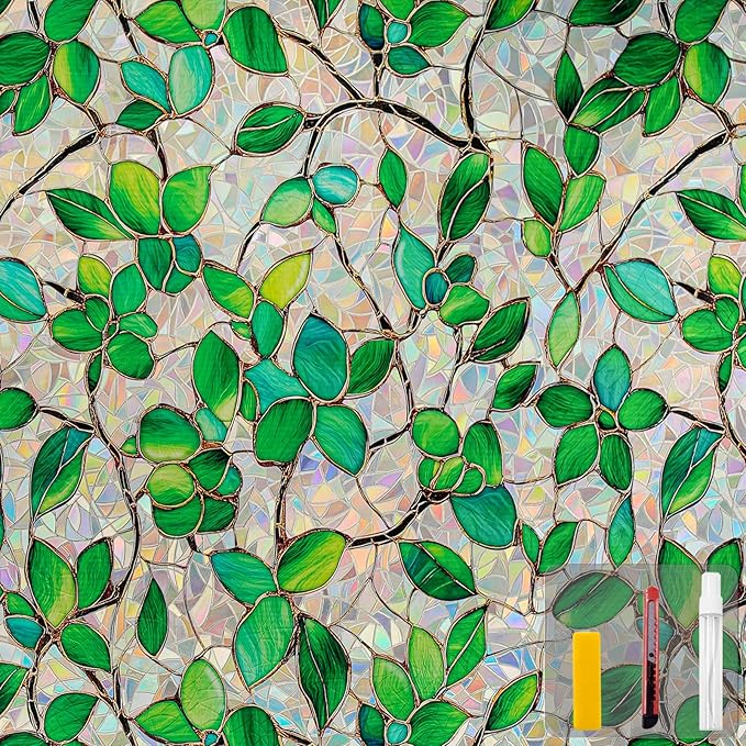 Window Privacy Film Stain Glass Window Film Rainbow Window Film Window clings Non-Adhesive Reusable Decorative for Room (Greenery Leaf, 45.2 x 157.4 in)