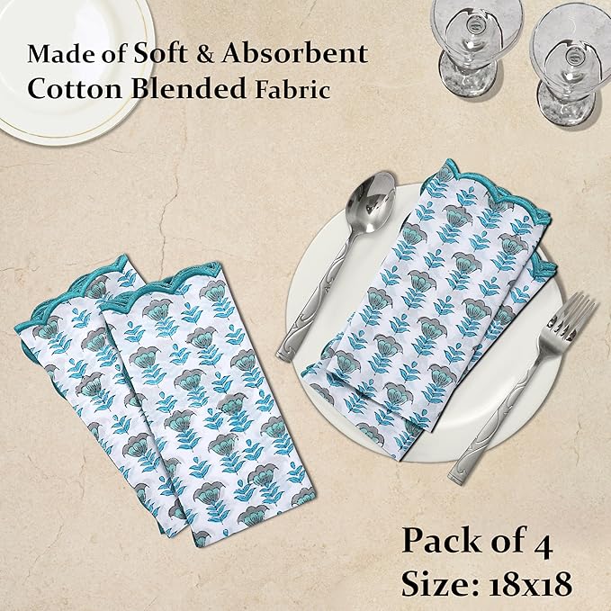 Ridhi Aquamarine Blue Hand Block Print Napkins 18" x 18" Set of 4 Reusable Cotton Dinner Napkins for Weddings, Parties & Everyday Dining, Thanksgiving, Christmas, Fall
