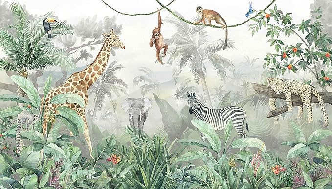 Kids Wallpaper Tropical Leves and Safari Animals Wall Mural for Wall Bedroom Living Room TV Background Sofa Wall（Not Peel and Stick）