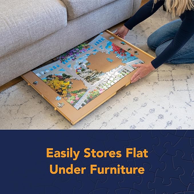 Bits and Pieces Rotating Puzzle Board with Drawers, Jigsaw Puzzle Board 1000 Pieces, 22 Inch x 30 Inch Spinning Wooden Tray Table with 4 Organizing Piece Sorting Trays, Portable, Easy Storage