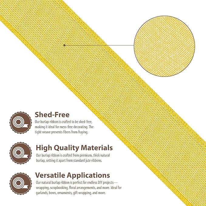 Mandala Crafts Yellow Burlap Ribbon 2.5 Inches Wide Jute Ribbons for Crafts - 20 Yds Roll Rustic Burlap Wrap Trim Ribbons for Wreaths Bows Wedding Party Decoration